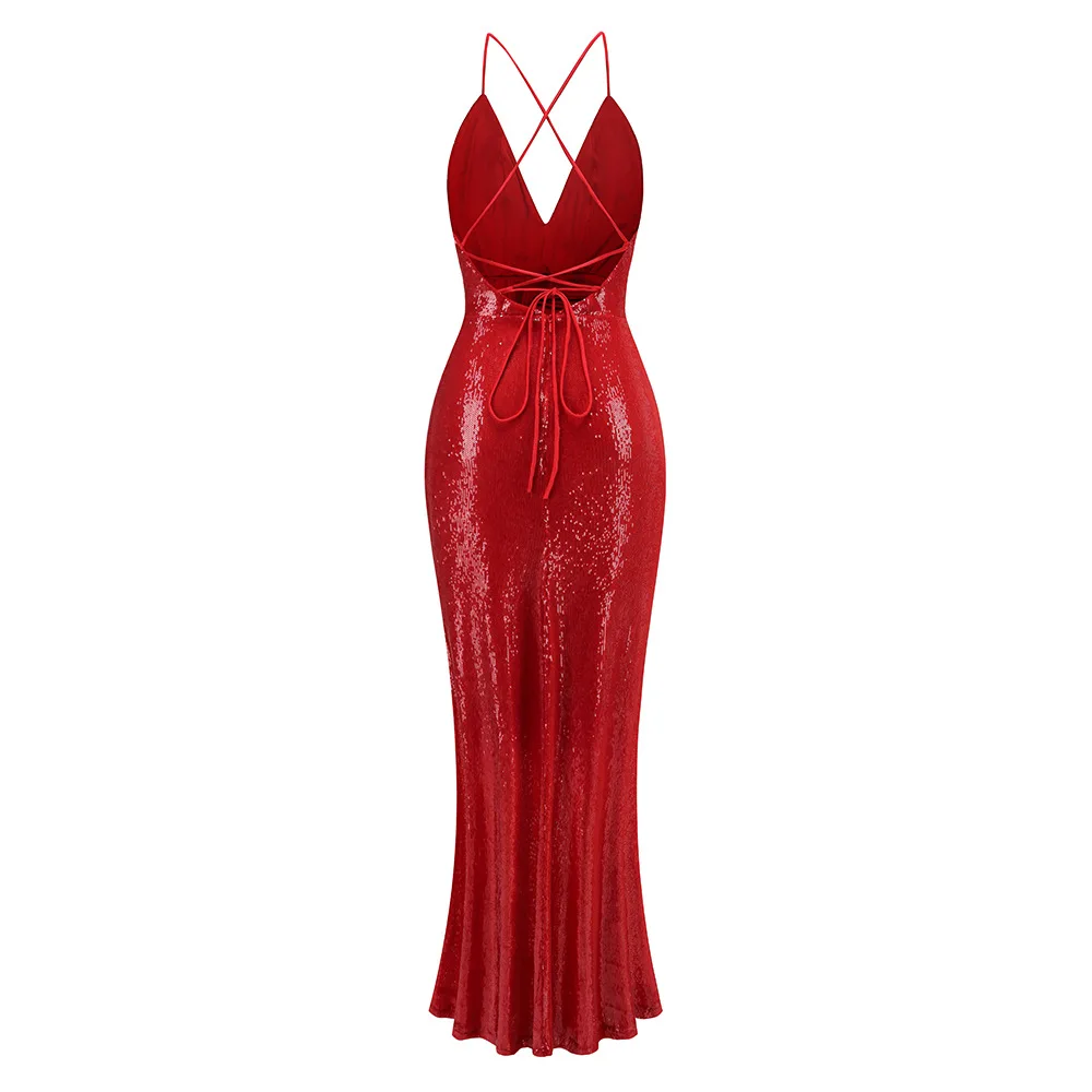 Vestidos de fiesta rojos de lujo para mujer, vestidos sexis con tirantes finos y cuello en V, lentejuelas brillantes, vestidos de fiesta de noche de celebridades, vestido de Gala de una pieza