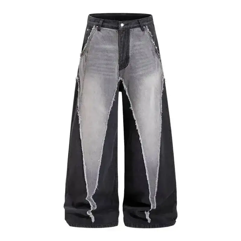 

OREETA Americanstyle wastelandinspired patchwork design jeans, unisex trendy brand, frayed and distressed wideleg 3PX5