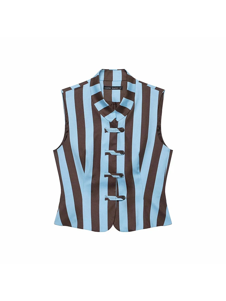 Women Fashion Summer 2026 Women Striped Casual Suit Knots Straight Vest+Zipper Pockets Long Pants Vintage Female Chic Lady Suits - view 3