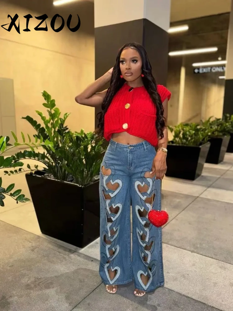 

XIZOU Women Vintage Cutout Love Hollow Out Cross Straight Denim Pants 2025 Fall Fashion INS High Waist Wide Leg Jeans Trousers
