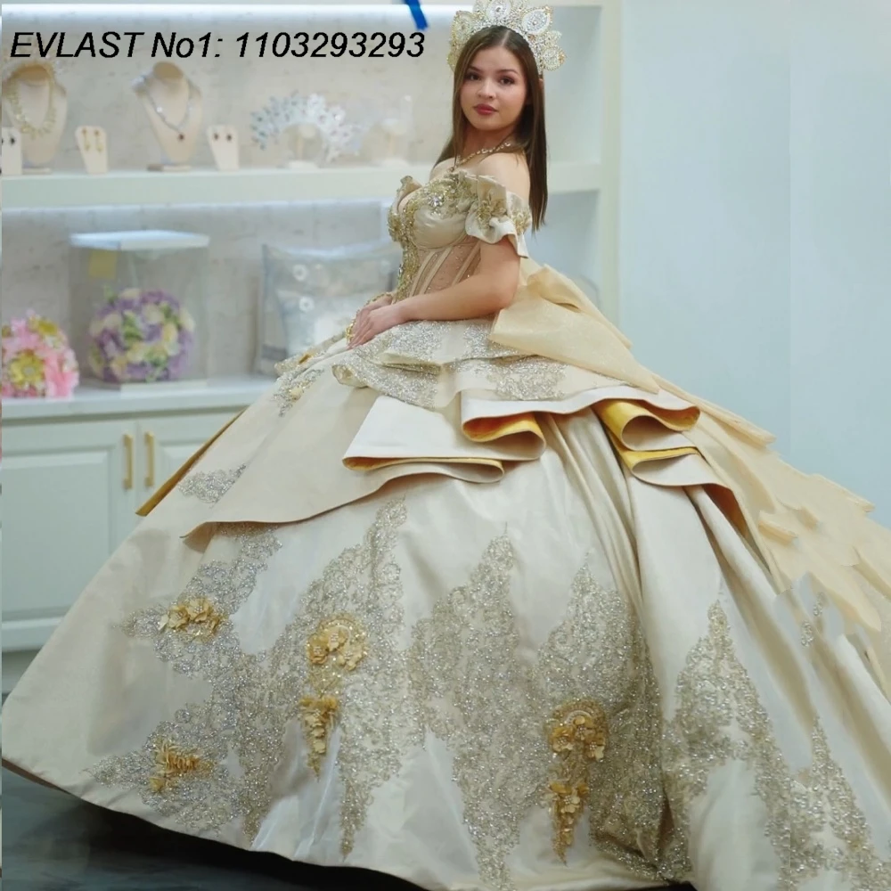 

EVLAST Customized Shiny Champagne Ball Gown Quinceanera Dress Lace Applique Beading Tiered Sweet 16 Vestidos De 15 Anos E1QN42