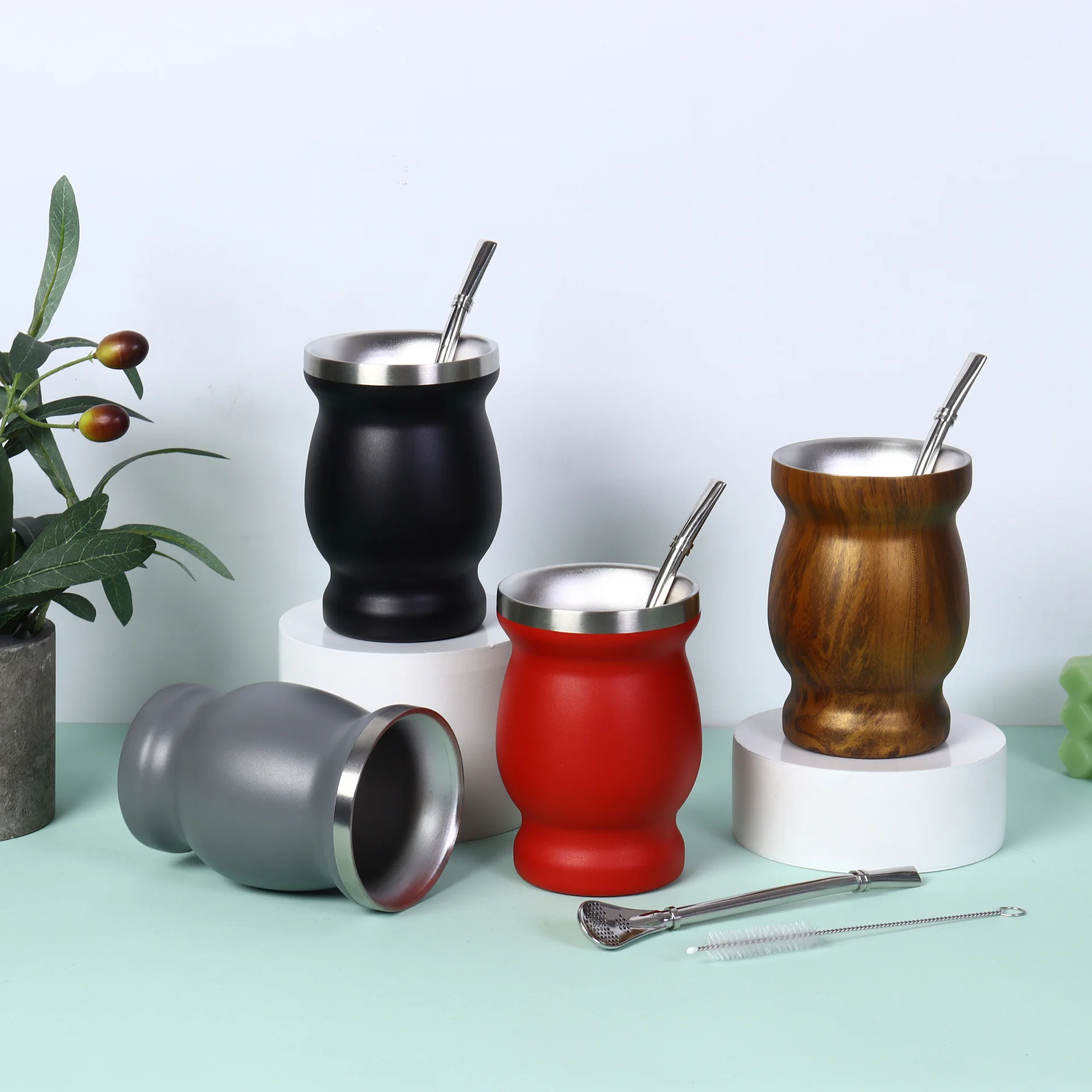 UPORS Yerba Mate Cup 304 Stainless Steel Double Wall 8oz Argentine Yerba Mate Gourd With Bombillas and Cleaning Brush