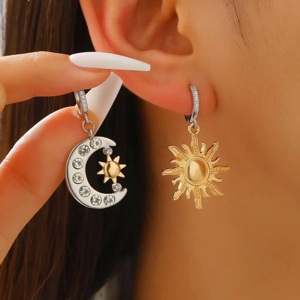 Statement Hoop Earrings Double Wearing Asymmetrical Design Earrings Sun Moon Pendant Rhinestone Inlaid Leverback Earrings
