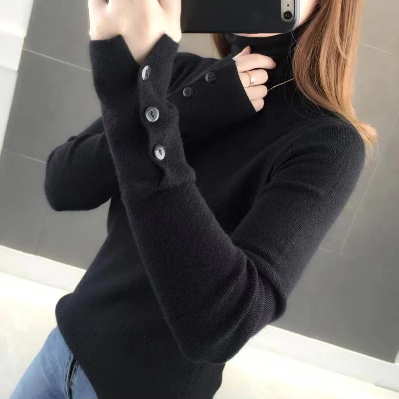 Women Turtleneck Solid Warm Sweater Buttons Long Sleeve Knit Basic Pullover Slim Office Jumper For Women 2023 Autumn Winter