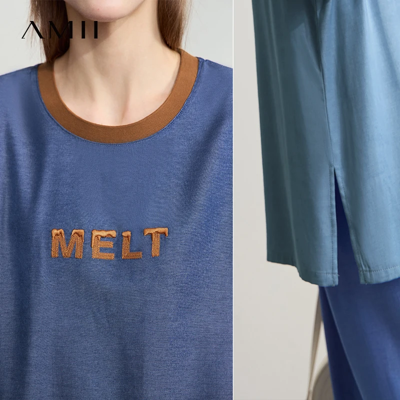 Amii Minimalist Women T-shirt Size 2025 Summer New Letter Embroidered TR Denim Loose Office Lady Slim Colorblocked Tops 12522017