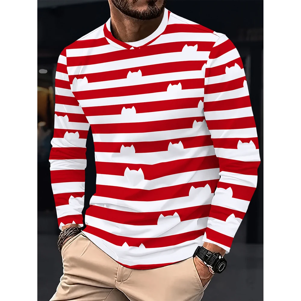 Cute Cat Striped Long Sleeve T Shirt for Men Cat Silhouette Horizontal Stripe Print Crew Neck Casual Top Everyday Streetwear