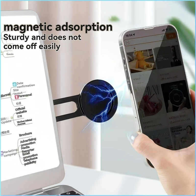 Magnetic Laptop Side Mount Phone Holder, Foldable Aluminum Alloy Bracket, Trace‑Free Adhesive Stand for Office Desktop