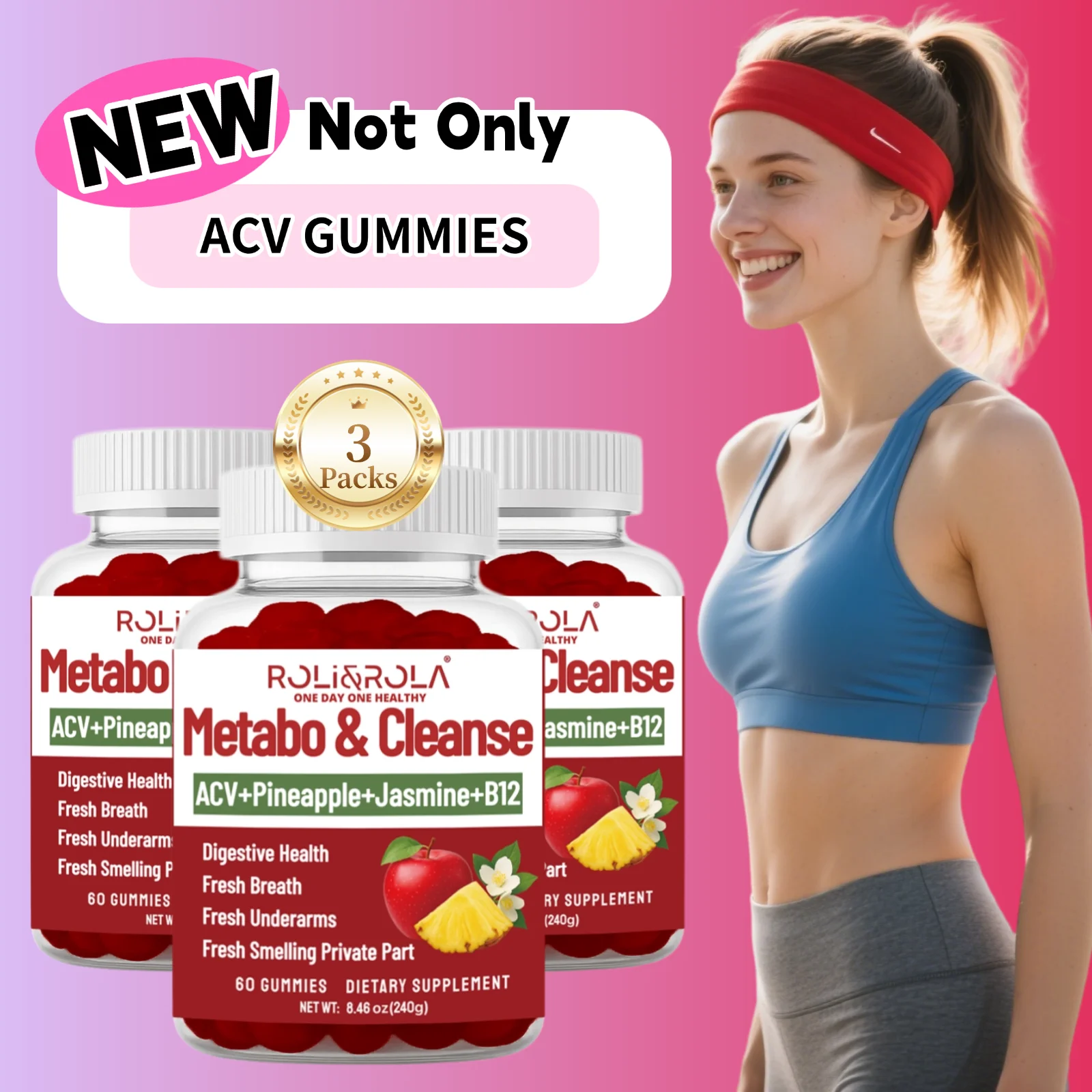 

ROLI&ROLA 3 упаковки Metabo Cleanse Super ACV+B12 Веганские жевательные жевательные конфеты с бромеленой жасминовой цинковой имбирем для здоровья и свежего тела.