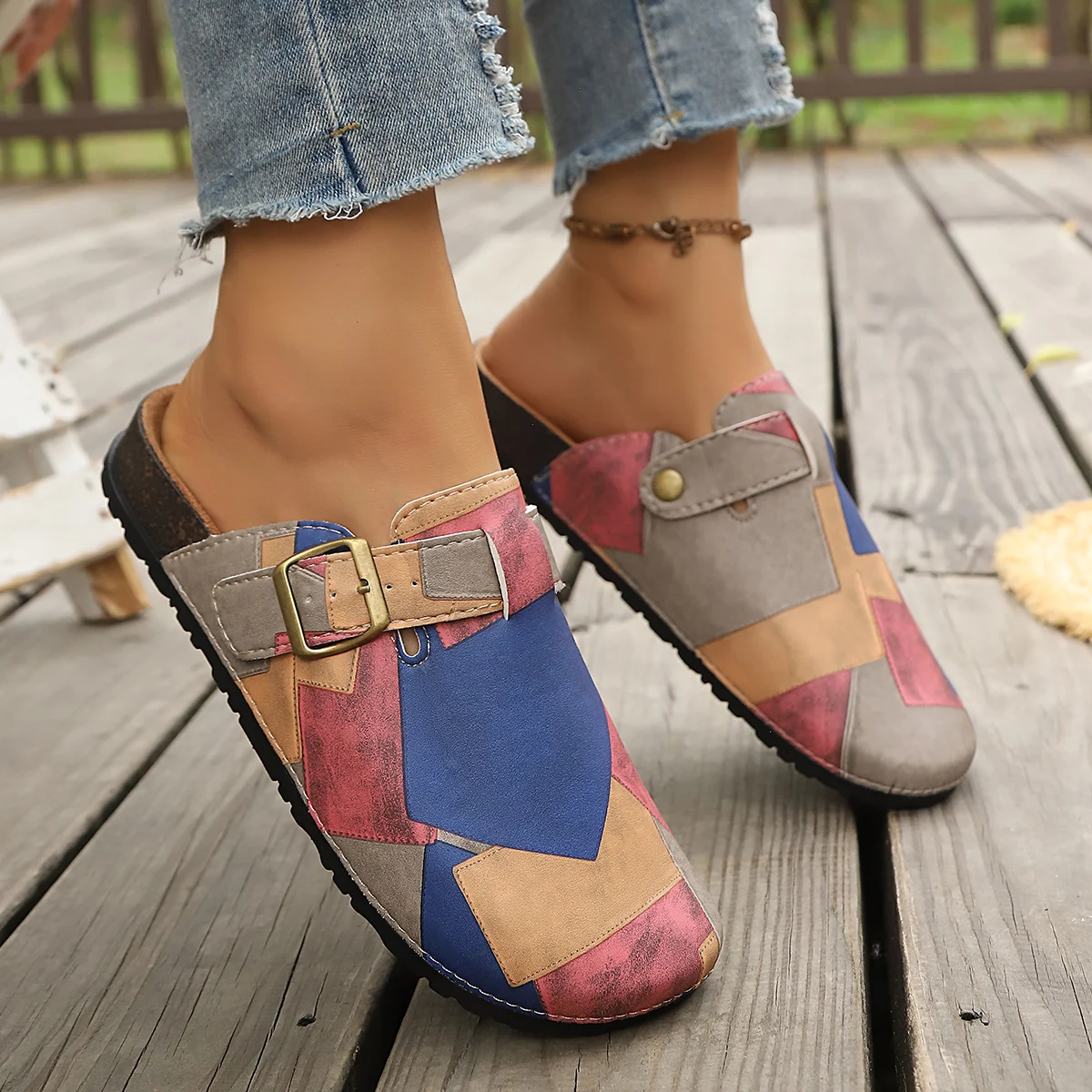 Women Color Block Patchwork Clogs Slippers Cork Sole Flat Mules Adjustable Buckle Closed Toe Indoor Outdoor Summer Shoes