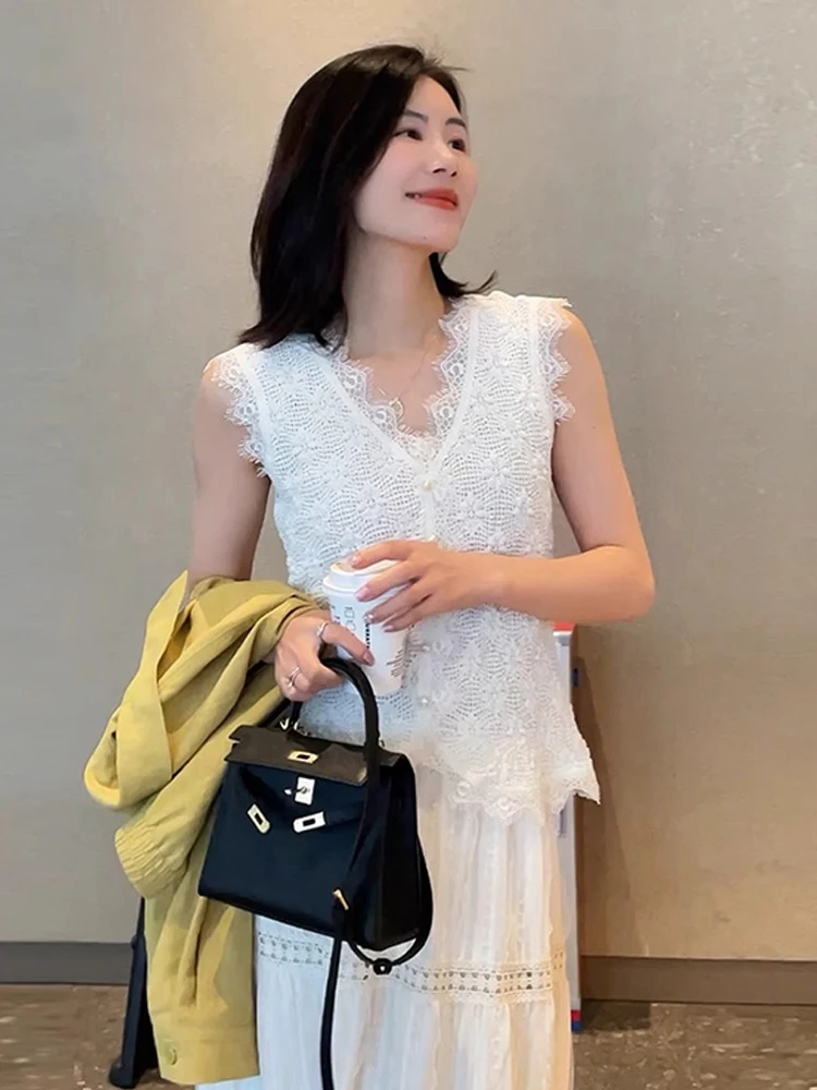 레이스 패치워크 스웨이드 탑 순색 여름 2025 여성 패션 레이어링 베스트 스몰 캐주얼 디자인 한국 스타일