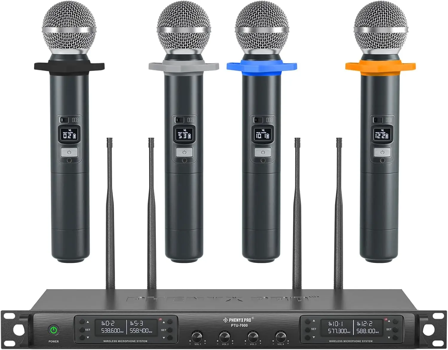 Pro Wireless Microphone System, Quad Channel Wireless Mic, w/ 4x40 UHF Frequencies, Auto Scan, 328ft Long Range, 4 Handhe