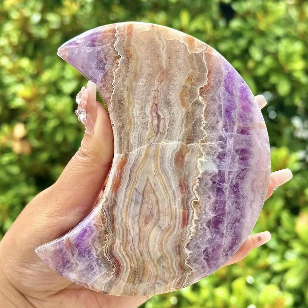 

1pc Rare Amethyst Crystal Moon with Mexican Lace Agate, Bohemian Style Elegant Indoor Decor for Home and Office, Ideal Holiday