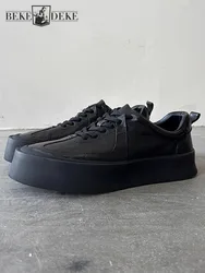 New Designer Mens Thick Platform Skateboard Shoes Black Low Cut Cowhide Genuine Leather Shoes Casual Outside Joggers Sneakers