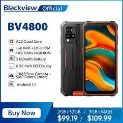 Blackview BV4800 Rugged Smartphone 6.56'' HD Display A22 Quad Core 3GB 64GB 5180mAh Battery 13MP Camera Android 13 Phone