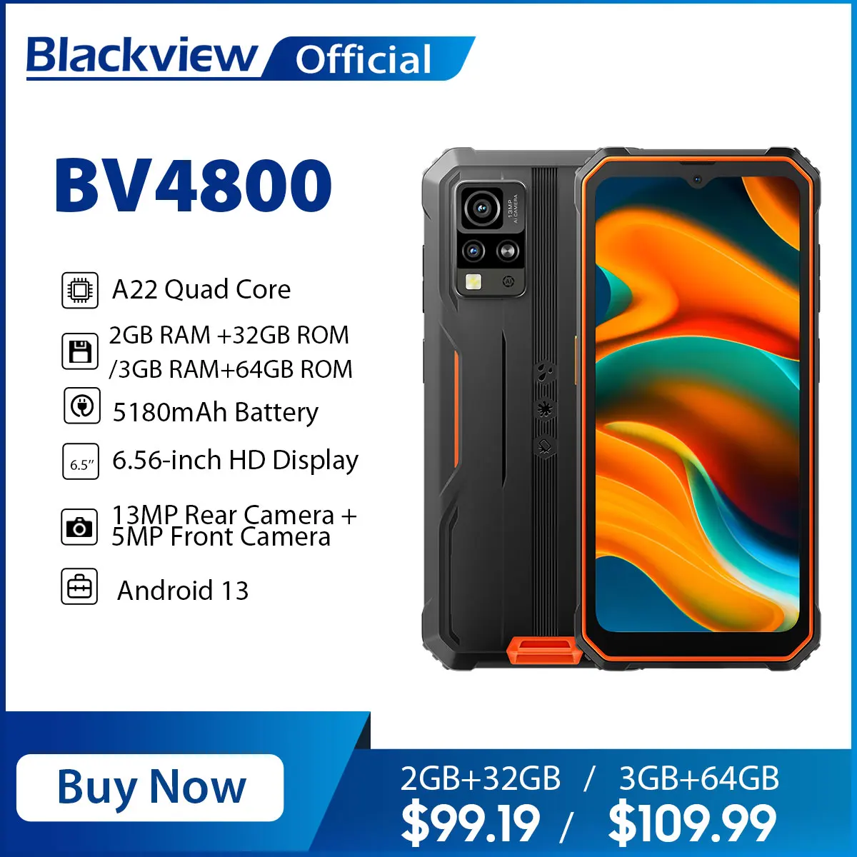 blackview smartphone robusto telefone android 13 a22 quad core 3gb 64gb bateria 5180mah camera de 13mp display hd de 656 bv4800 01