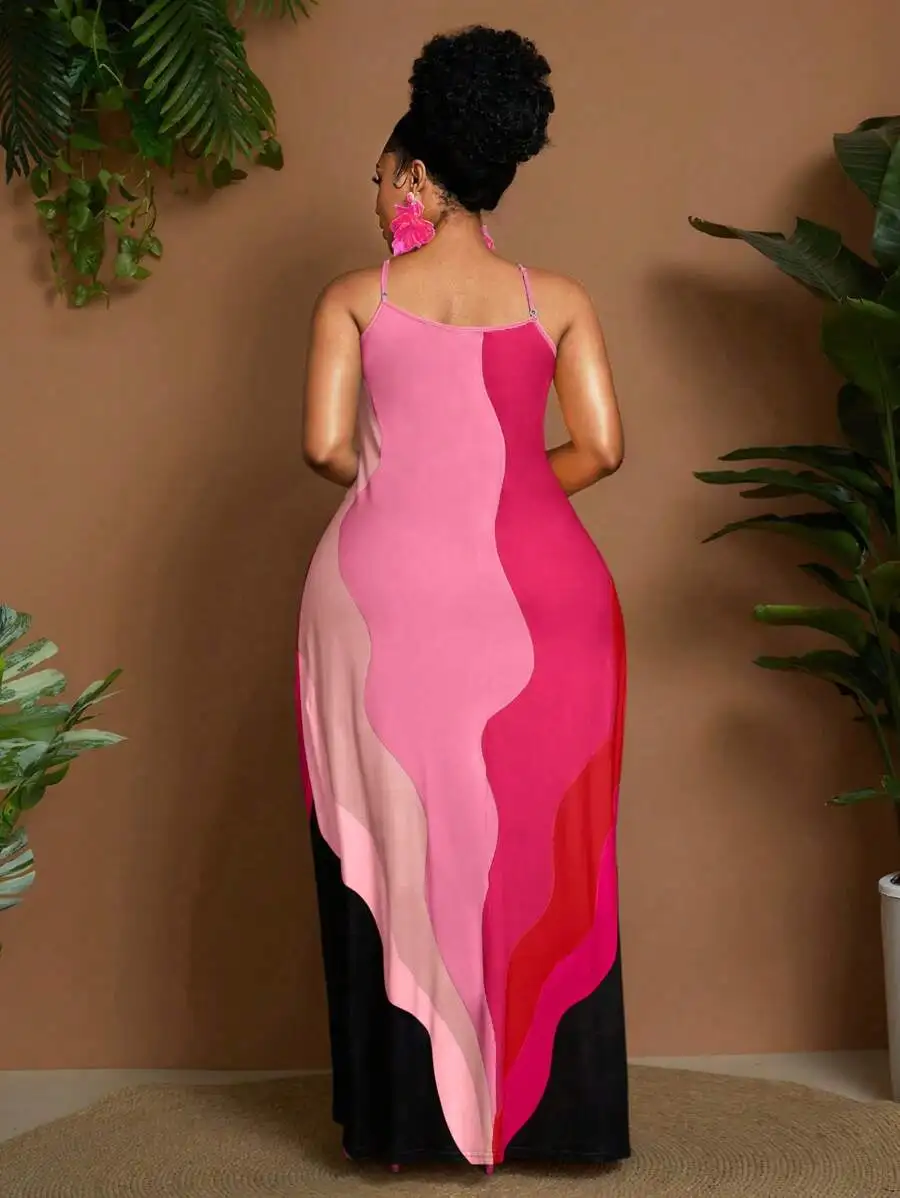 Plus Size Sleeveless Maxi Dress With Abstract Pink Color Block Design