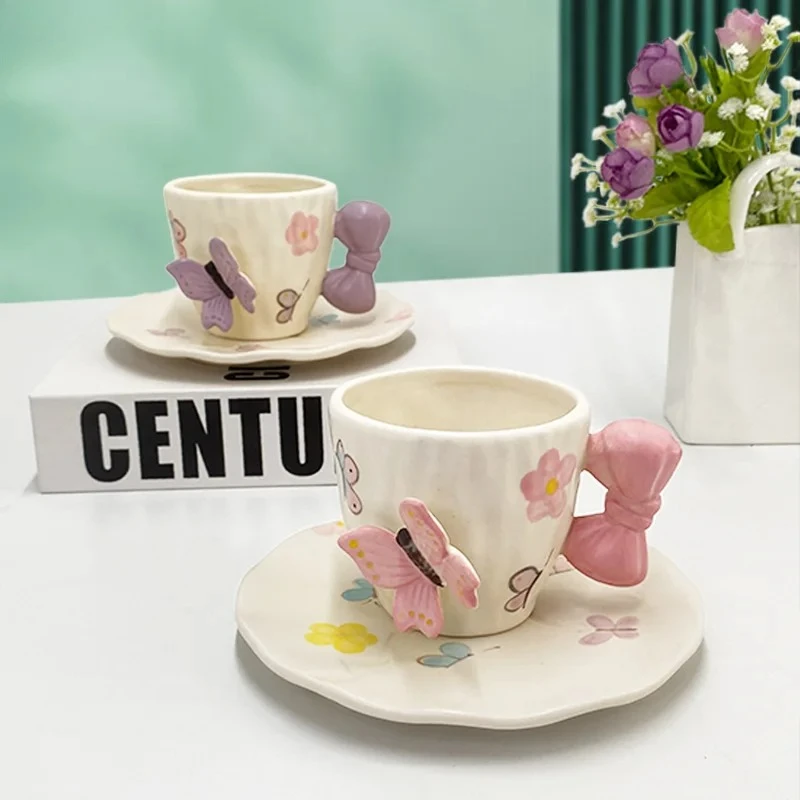 

Cute Bowknot Decorative Ceramic Cup&saucer Dining Table Coffee Mug Milk Tea Mugs Afternoon Tea Teacup Fruit Juice Container
