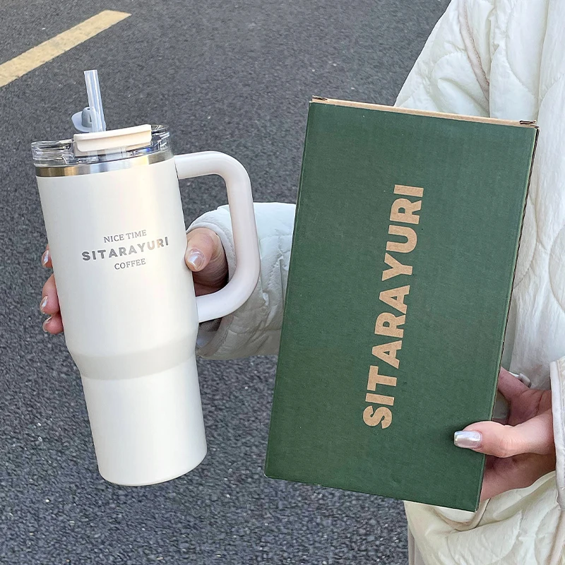 1pc Fashionable Large Capacity Stainless Steel Car Ice King Cup 900ML Outdoor Camping Sports Water Cup with Straw and Handle