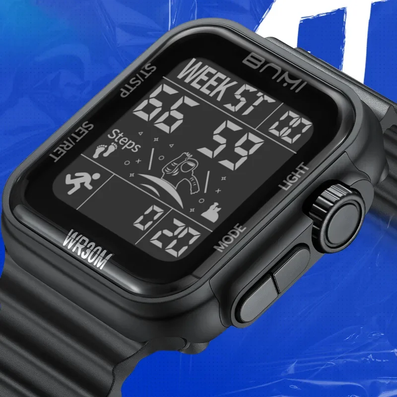 สแควร์นาฬิกาผู้ชายขนาดใหญ่นาฬิกาอิเล็กทรอนิกส์อเนกประสงค์กันน้ําปฏิทินส่องสว่างจอแสดงผล LED นาฬิกานักเรียน