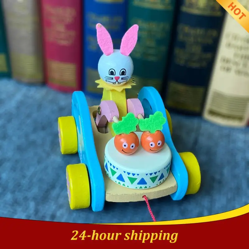 Cartoon Rabbit Drag Car Cute Wooden Animal Shapes Pull Rope Toy Learning Walk Toys Car For Children Aged 2-5 Gift