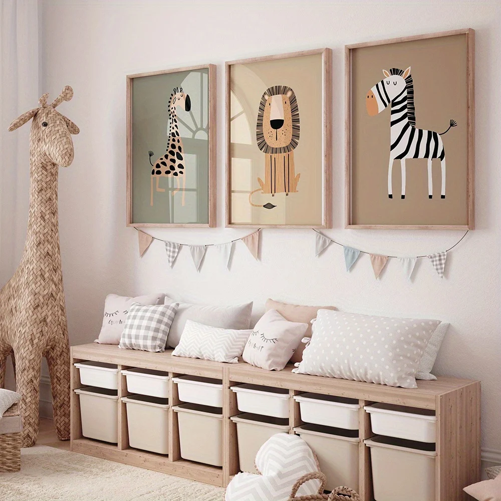 مجموعة فنية جدارية مكونة من 3 قطع من Jungle Safari - مطبوعات حيوانات على الطراز البوهيمي مع الزرافة والحمار الوحشي والأسد، ديكور أخضر نعناعي، حيوان بدون إطار