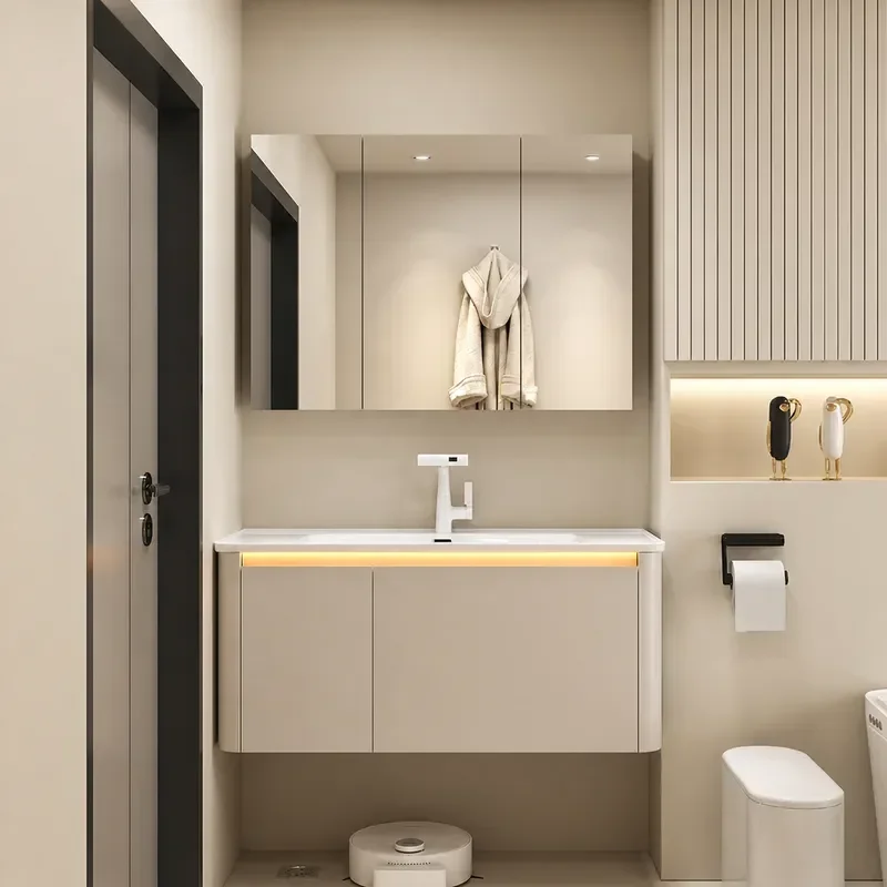 Solid Wood Bathroom Cabinet with Induction Light Integrated Ceramic Basin Sink and Side Storage Layer Vanity Unit