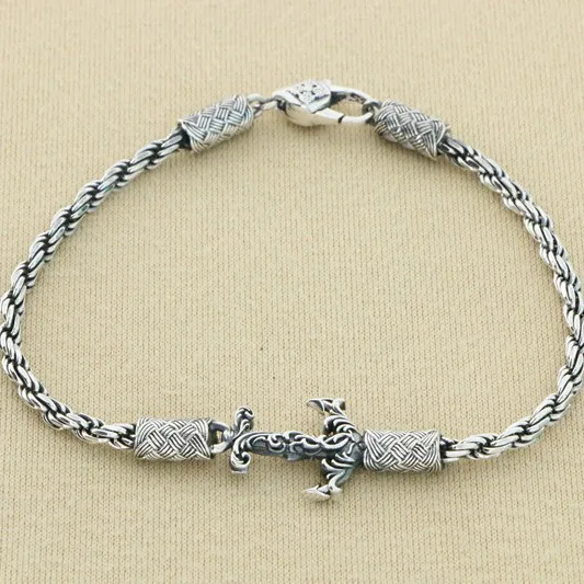 Fashion Handmade 925 Sterling Silver Personality Fried Dough Twists Chain Boat Anchor Bracelet Male Fashion Punk Vintage Thai Si