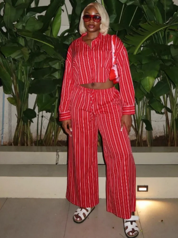 

Женский комплект Sister Star, рубашка с длинным рукавом в красную полоску, модные повседневные широкие брюки с высокой талией, элегантный пригородный наряд из двух предметов