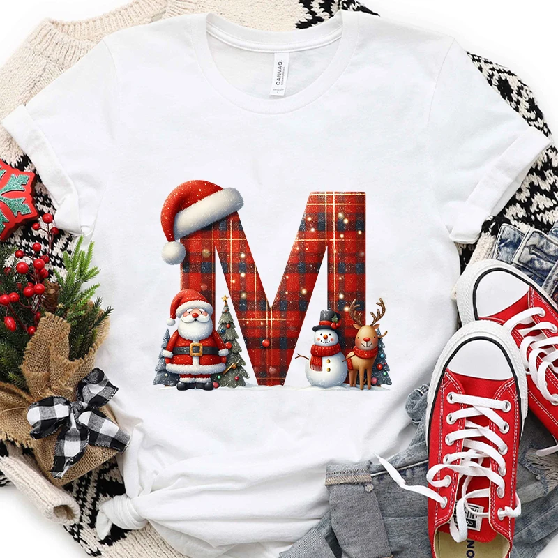 Women’s Christmas Alphabet A-Z Printed T-shirt, Casual Holiday Party Graphic Tee, Santa Letter Print Xmas Fashion Top for Women