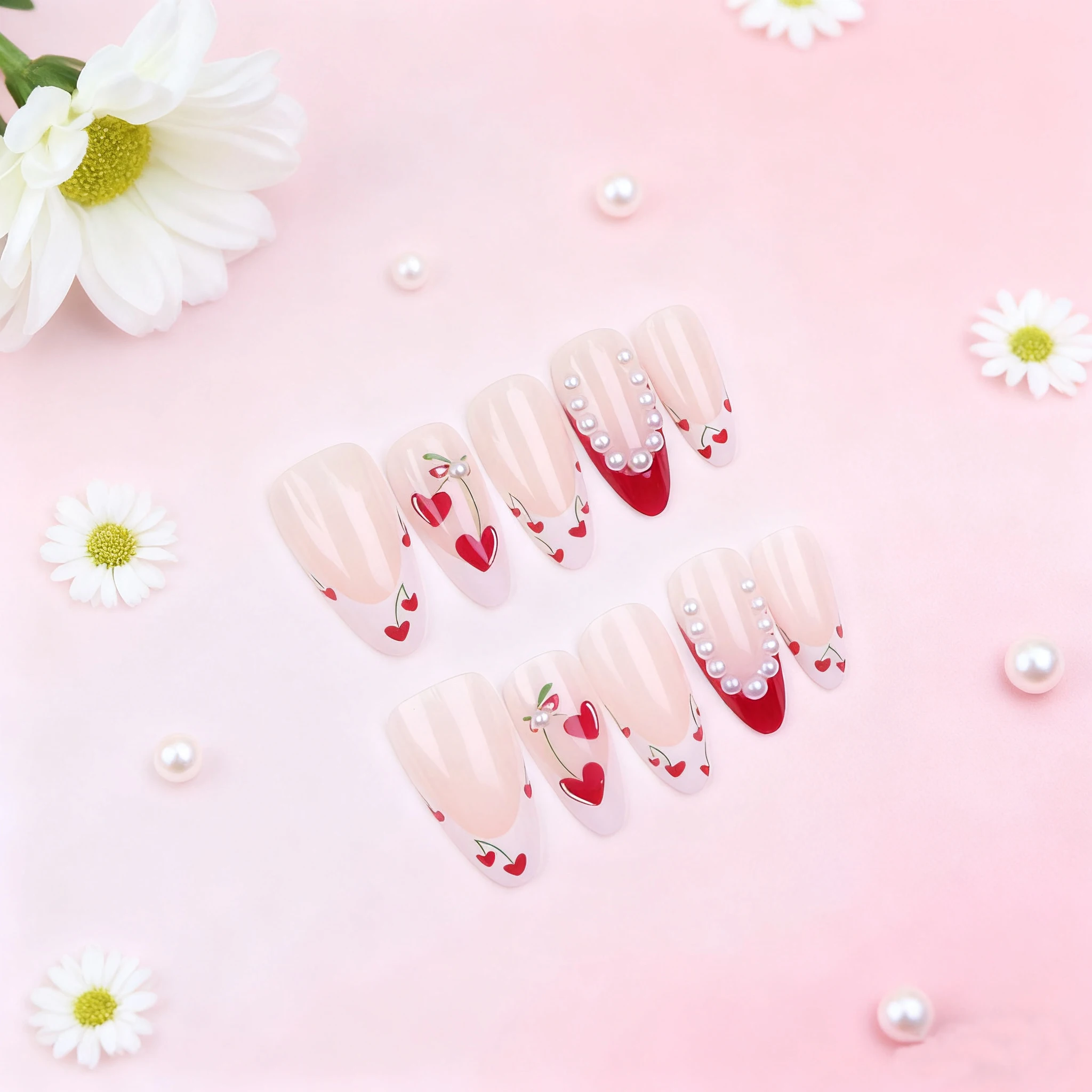 10 STKS lange amandel handgeperste nagels, rode Franse puntige witte parel geperste nagels, Love Cherry volledig bedekte nepnagels