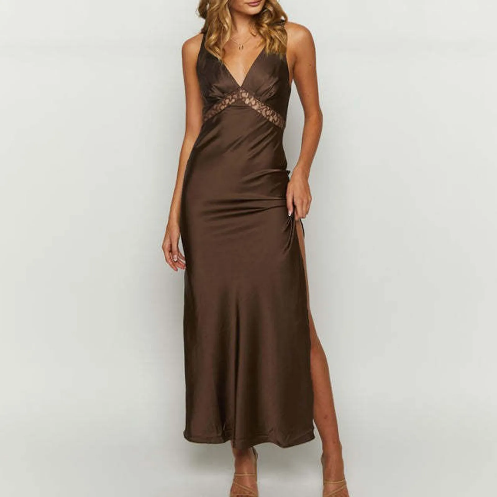 

Women's New Solid Colour Elegant Lace Patchwork Gown Dresses Temperament Sleeveless V Neck Halter Long Dress Party Dresses