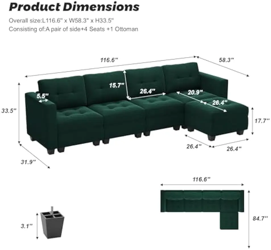 L Shaped Modular Sectional Sofa w/ Storage & Ottomans, Velvet Convertible Sleeper Couch w/ Reversible Chaise, Green