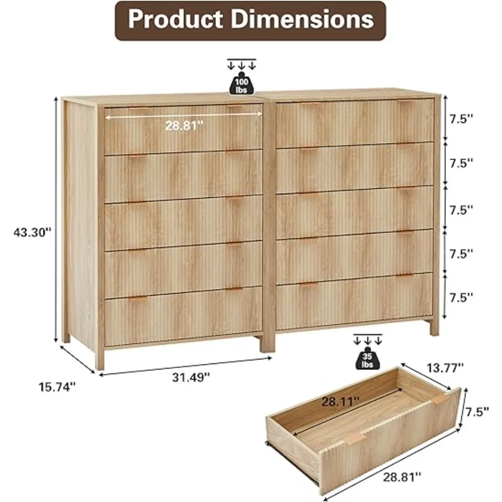 5 Drawer Double Dresser for Bedroom, Modern Wide Chest of Drawers with Fluted Panel Design,Wood Storage Dressers Chest