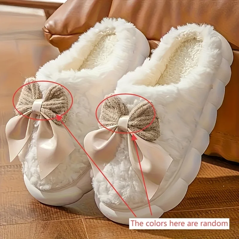 Women'S Bow Designed Fleece-Lined Slippers Soft Sole, Quiet Wear, All-Season Comfort, Ideal for Home Use, Perfect Christmas Gift image 5