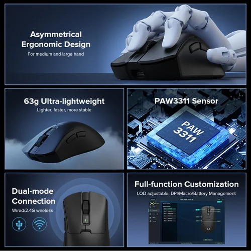 Imagen 2 del producto Ratón inalámbrico para juegos Delux M900 SE, ratón ergonómico PAW3311 12000DPI, ligero, 63g para manos grandes derechas, PC, portátil y Gamer