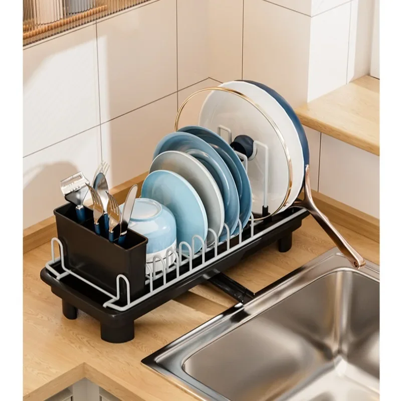 

Small Metal Kitchen Dish Drying Rack with Plastic Cutlery Box,Narrow Dish Storage Organzier,Cabinet Cutting Board Pot Lid Holder