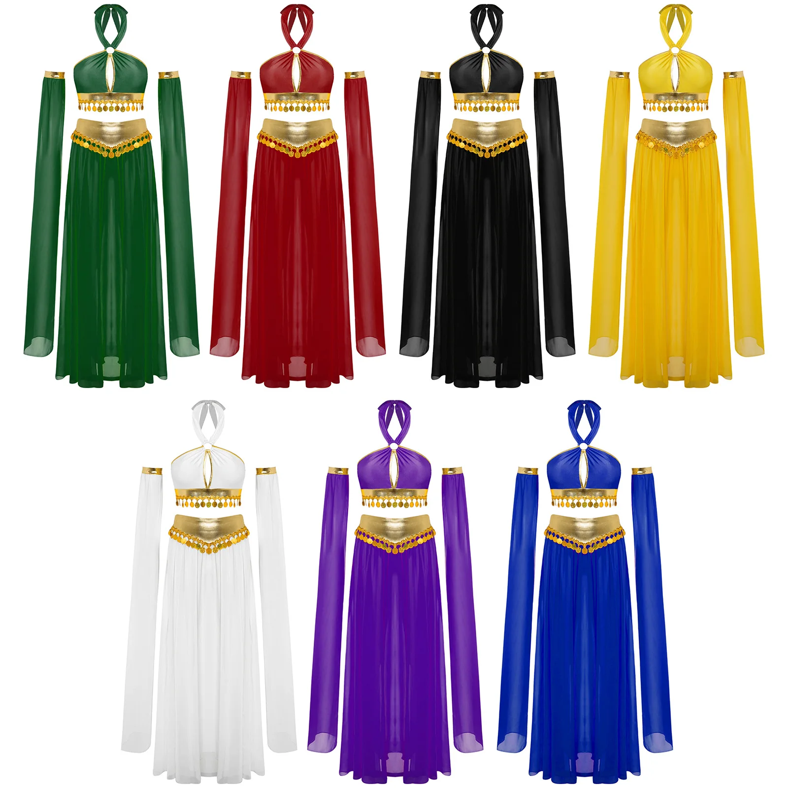 Women Belly Dance Performance Costume Crop Top with Built-In Briefs Side Slit Chiffon Skirt And 1 Pair Removable Split Sleeves