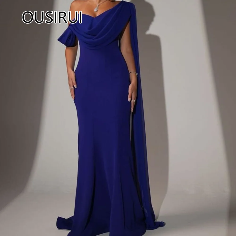 

Classic One Shoulder Pleated Saudi Formal Prom Dress Sexy Sheath Backless Lace up Court Evening Arab Gown with Cape Custom Made