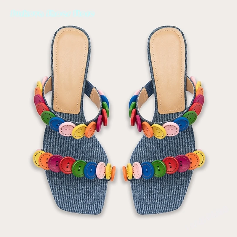 Surkova Summer Double Colorful Buttons Strap Slippers Novelty Square Toe Chunky Heels Sandals Sweet Fashion Slip On Casual Shoes