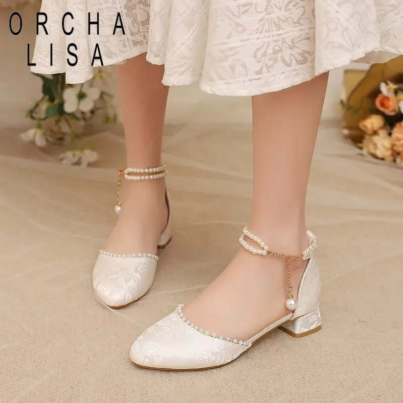 

ORCHA LISA Beige Women Sandals Round Toe 2.5cm Low Heel Buckle Strap String Beads Big Size 41 42 43 Sweet Soft Girls Daily Shoes