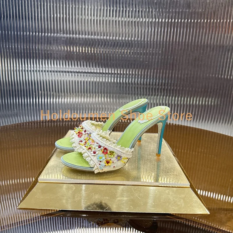 

Dexterity Delicate Lace Mesh Handmade Flower Decor Peep Toe Summer Exquisite Slippers Fashion Square Heel Stiletto Slippers