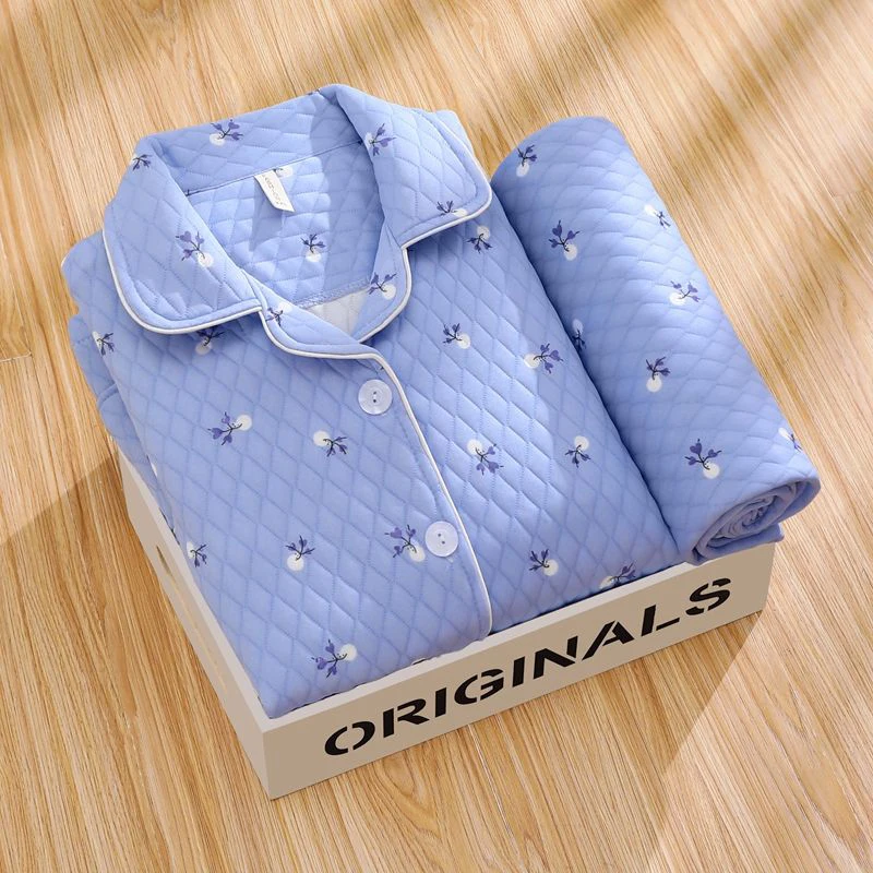 

New Middle-Aged Women's Pajamas Suit Winter Warm Loungewear Female Casual Air Cotton Cardigan Trousers Two Piece Set 4XL XQ325