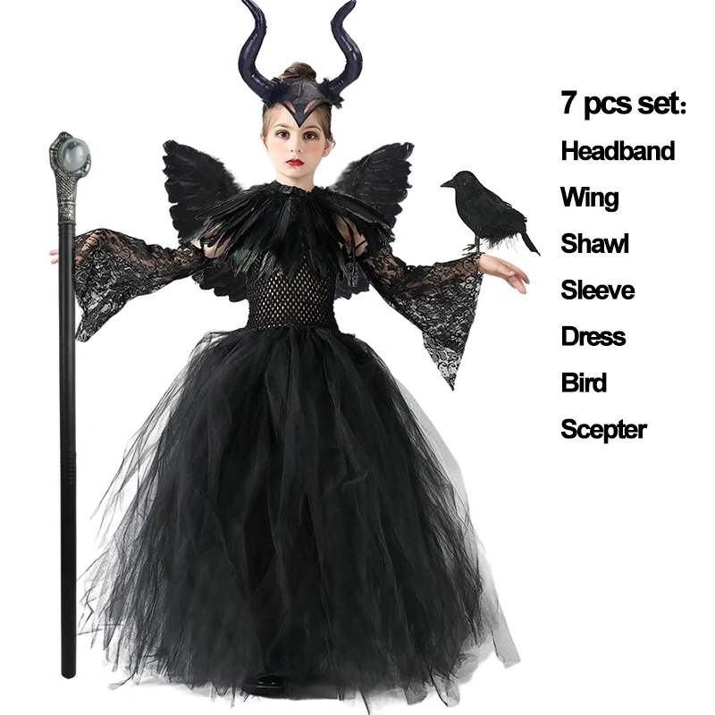 Girls Halloween Cosplay Costume Maleficent Tutu Wedsday Dresses For Girls Cosplay Evil Queen Black Mesh Princess Dress Vestido