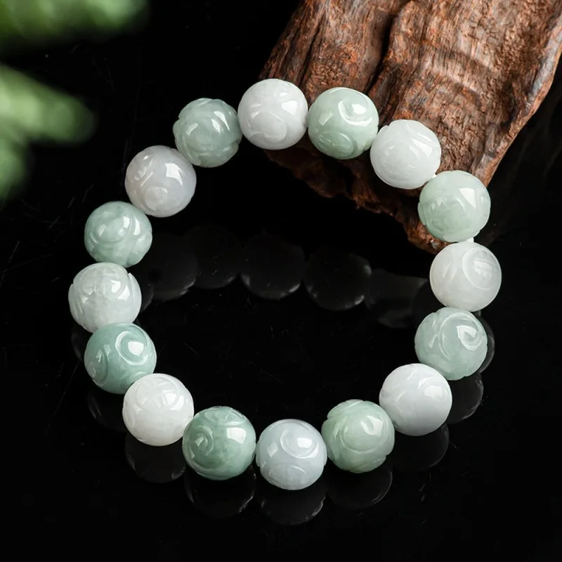 

Real Natural Grade A Jade Jadeite Men Women 13.5mm Carved Round Beaded Bracelet