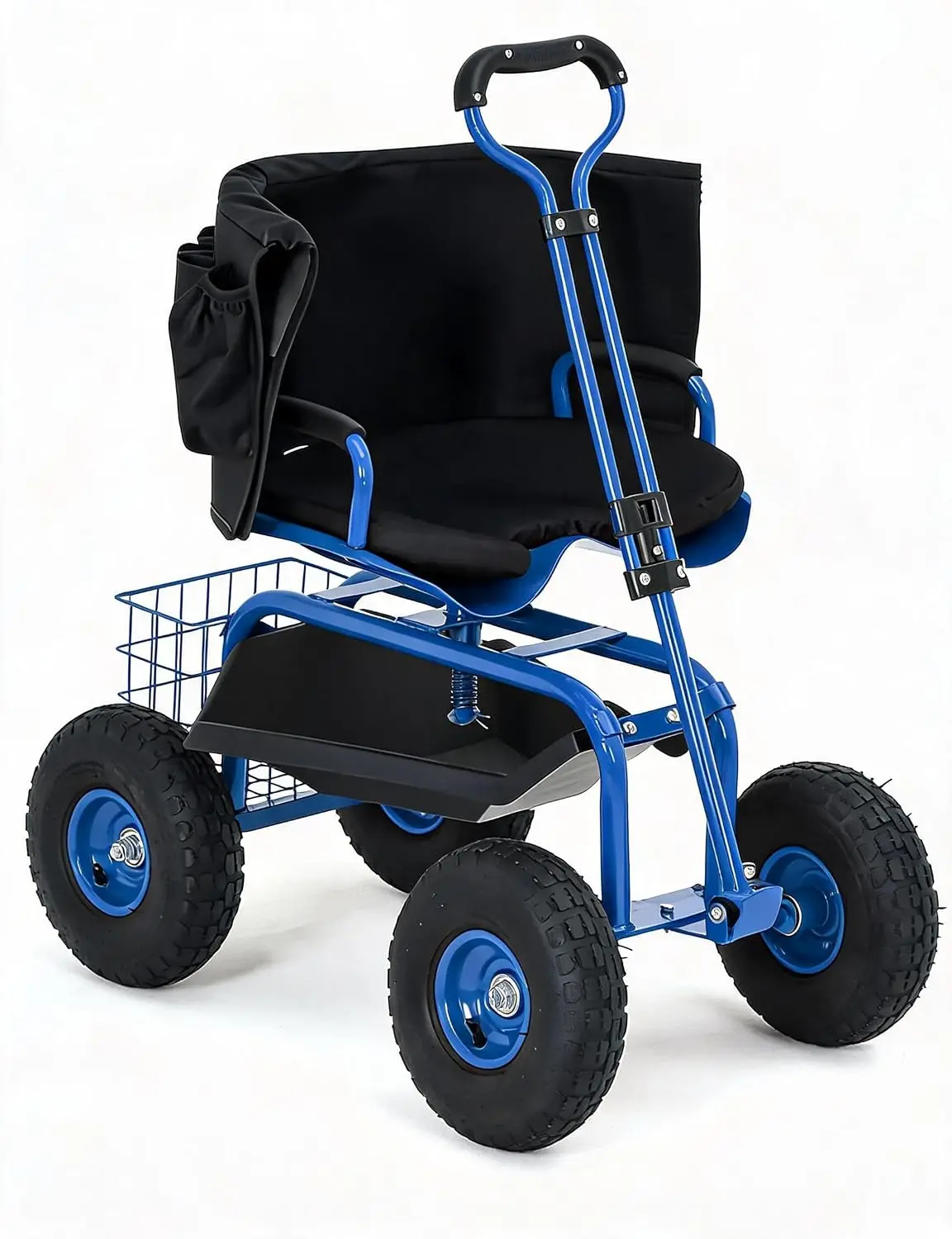 Aptliton Rolling Garden Cart 300 Lbs Swivel Seat Tool Tray Handle Extendable Steering; Removable Storage Basket; Heavy-Duty Steel; Non-Slip Wheels; Ideal for Patio, Yard, Lawn