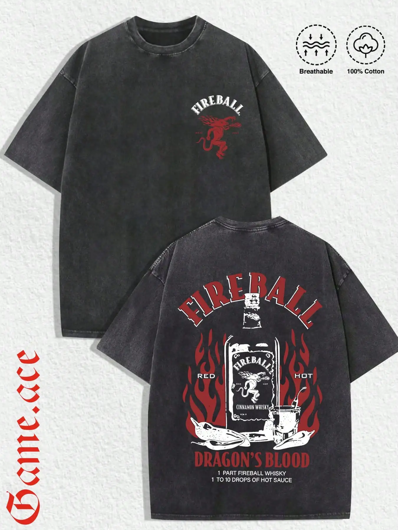 

Distressed Black Graphic Tee with Dragon & Flaming Bottle Print, Loose Fit Cotton T-Shirt for Casual Wear