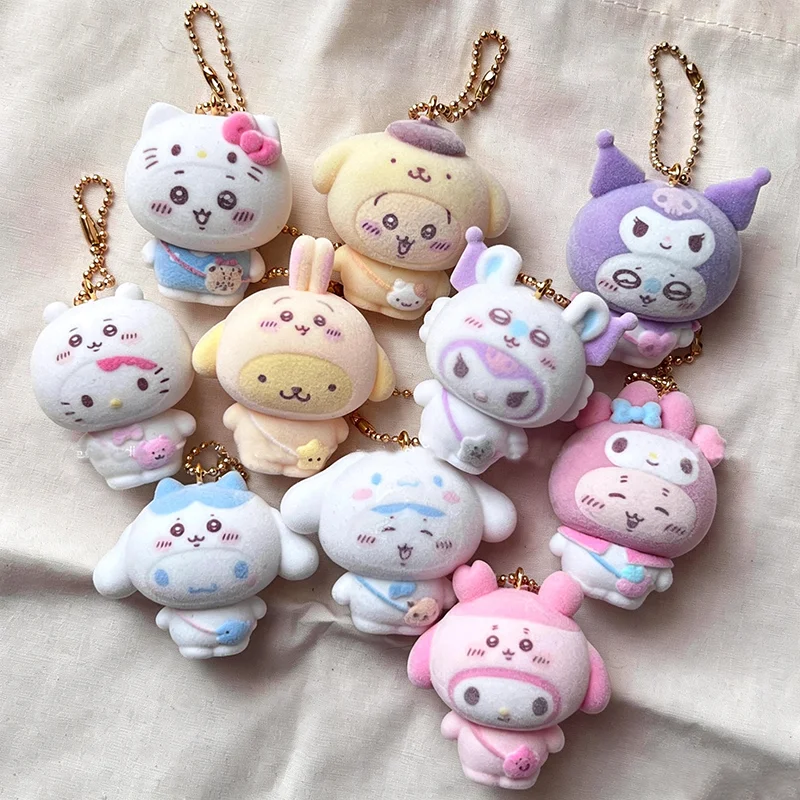 Kawaii Pom Pom Purin Flocking Keychain Chiikawa Hachiware Usagi Mini Backpack Pendant Cosplay Ornament Handbag Accessory Gifts