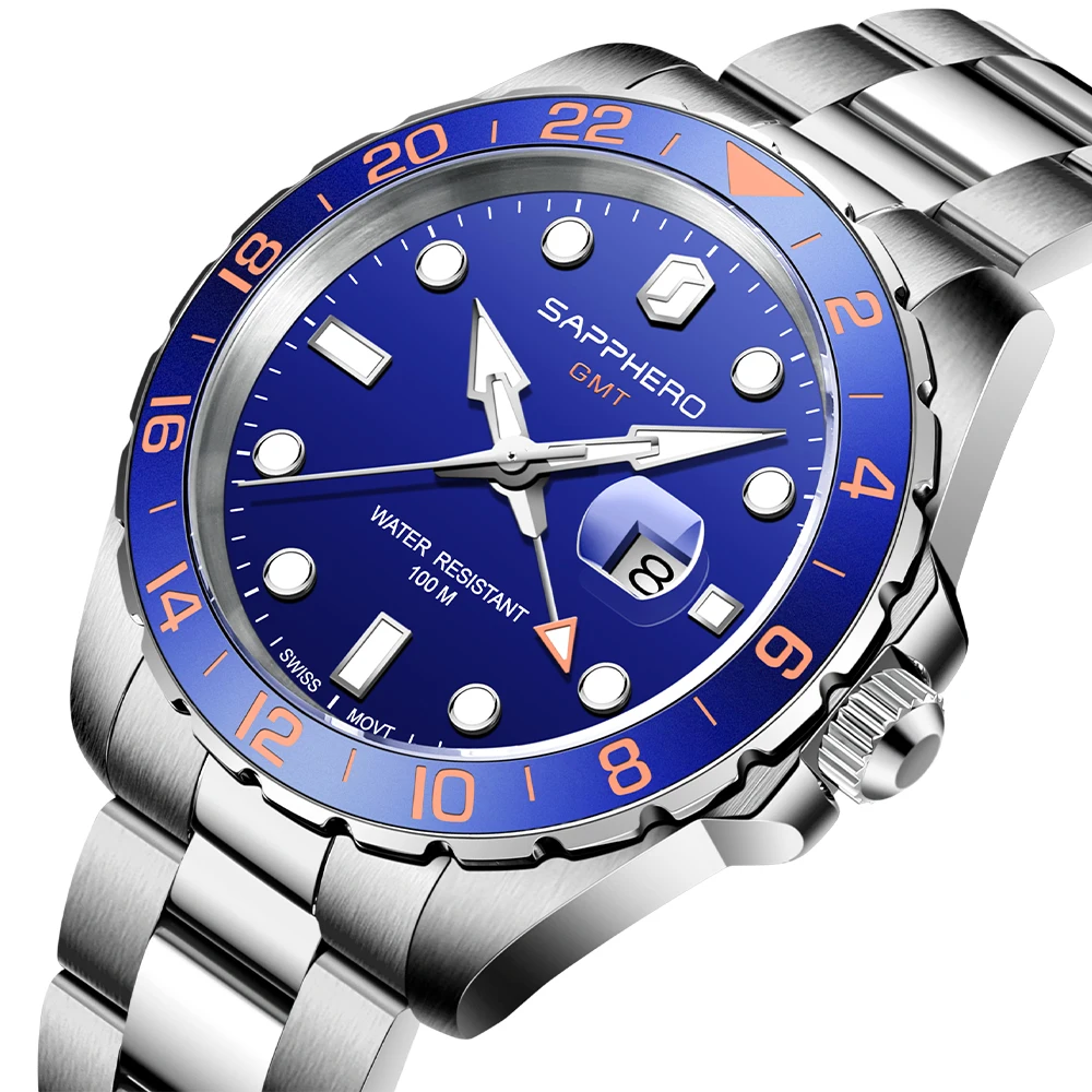 Imagem -03 - Sapphero-relógio de Pulso Impermeável de Masculino Business Ver For Man Luxury Gmt Swiss Movement Data 10atm Classic Aço Inoxidável