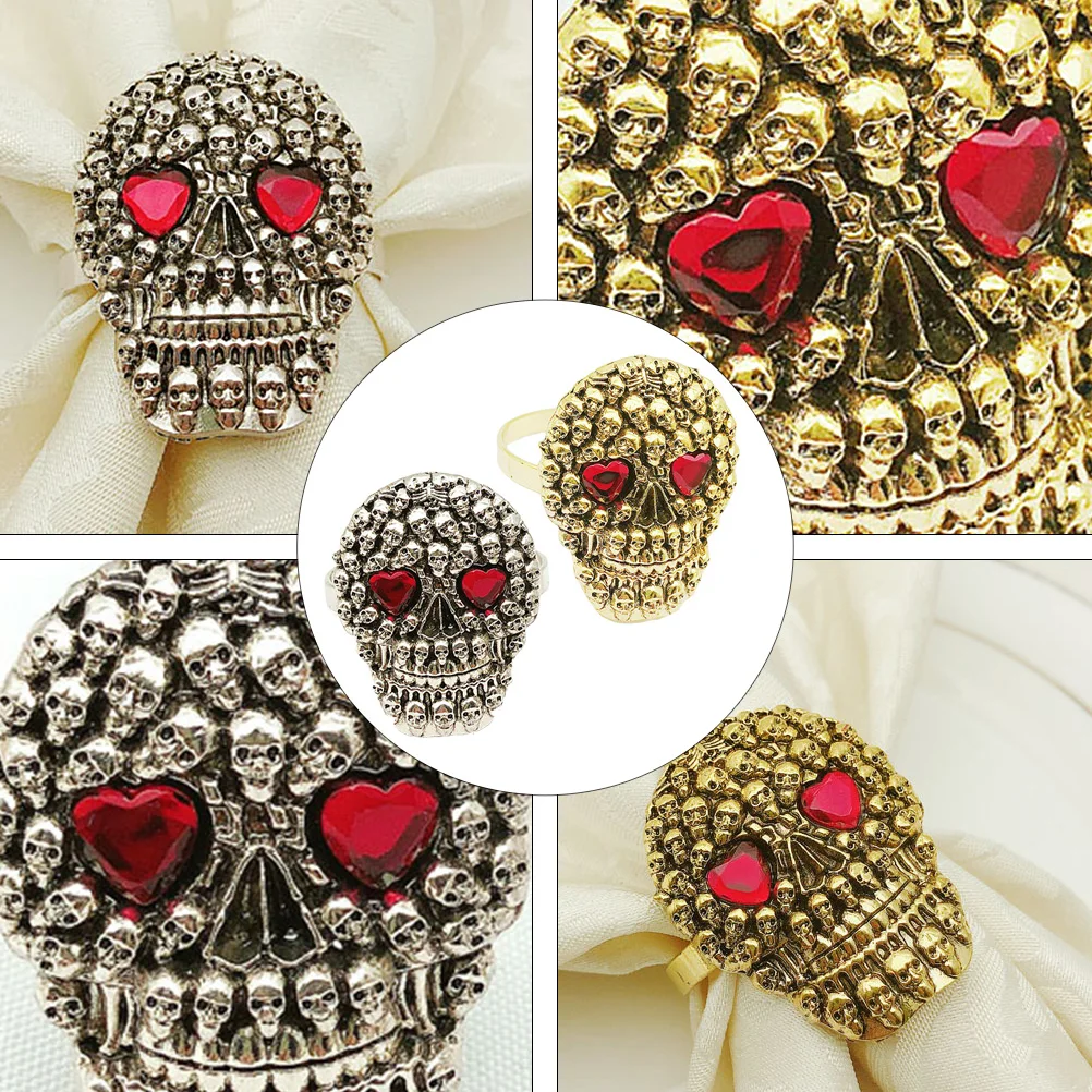 

2 Pcs Skull Napkin Rings Banquet Dining Room Table Creepy Holders Dinner Metal Plating Process Halloween Napkins Retro Decor