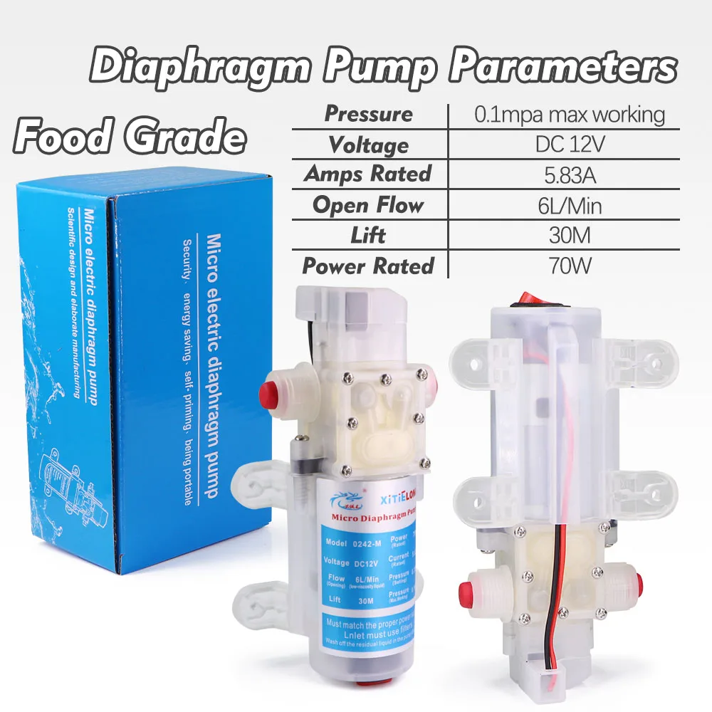 70W DC12V Food-Grade Diaphragm Pump w/ Switch Hygienic Micro Electric Water Pump for Purified Water Brew Wine Juice Beer Making